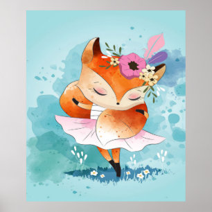 Cartoon Little Fox   Lovely Fox Floral Poster
