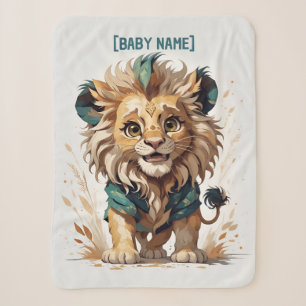 Cartoon Little Lion Beige Turquoise Personalised Sherpa Blanket