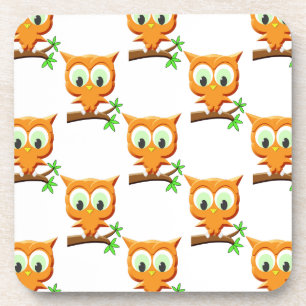 Cartoon Little Owl On Branch Pattern Coaster