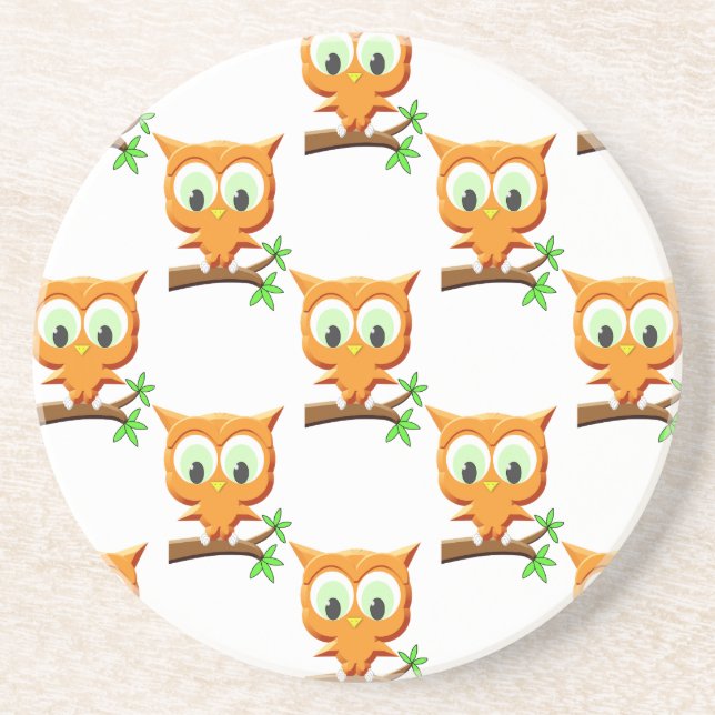 Cartoon Little Owl On Branch Pattern Coaster (Front)