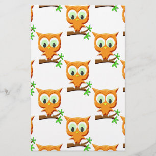 Cartoon Little Owl On Branch Pattern Stationery