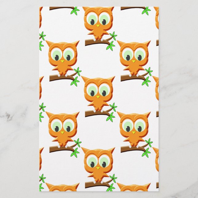 Cartoon Little Owl On Branch Pattern Stationery (Front)