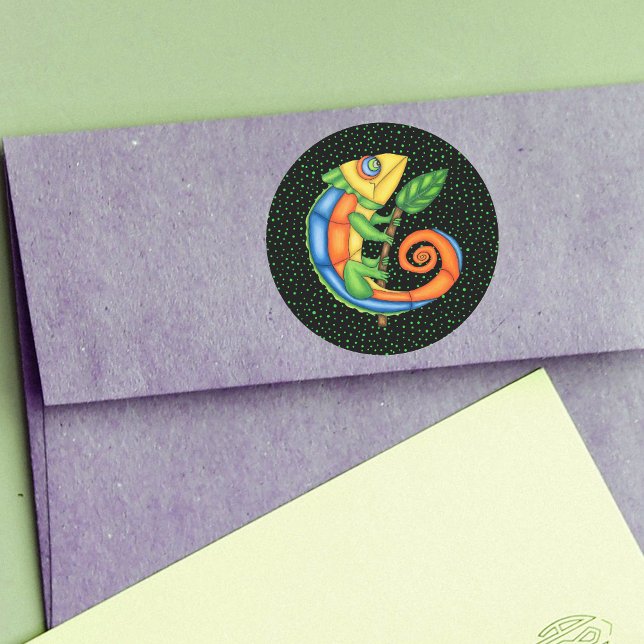 Cartoon Lizard Holding Leaf Vibrant Colours Dots Classic Round Sticker (Brightly coloured cartoon lizard leaf on black with green polka dots stickers.)