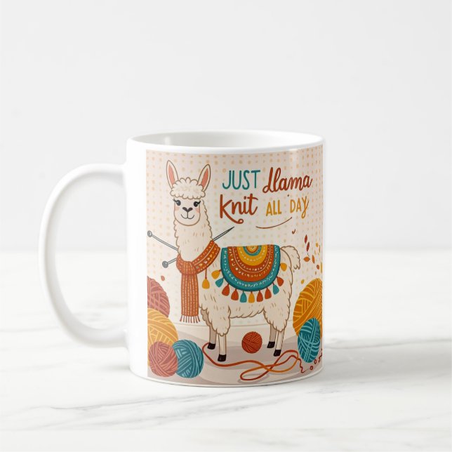 Cartoon llama wearing a knit scarf  poster coffee mug (Left)