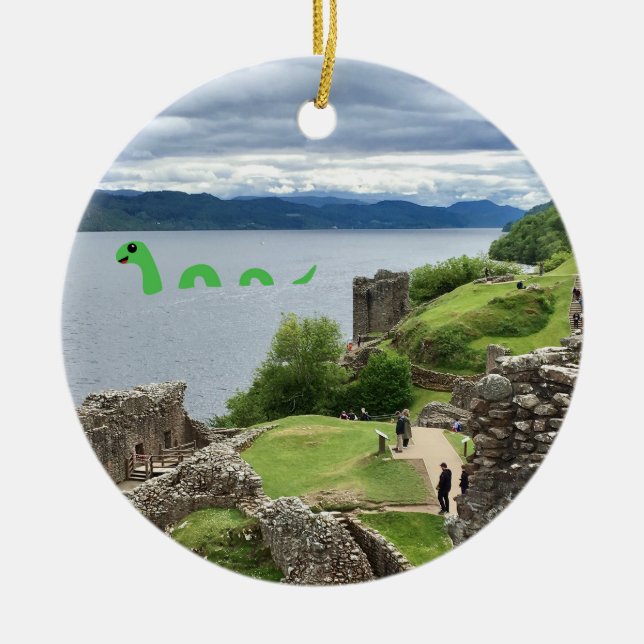 Cartoon Loch Ness Monster Urquhart Castle Funny Ceramic Ornament (Front)