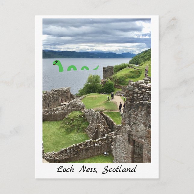 Cartoon Loch Ness Monster & Urquhart Castle Funny Postcard (Front)