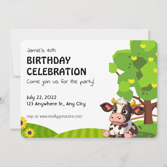 Cartoon Lola cow birthday invitation for kids. (Front)