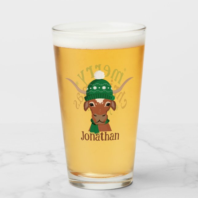 Cartoon Longhorn in Green Ski Cap and Scarf Glass (Front Filled)