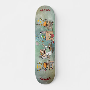 Cartoon Mad Scientist In His Lab With Name Skateboard