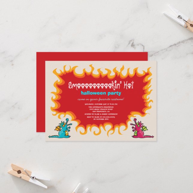 Cartoon Magic Dragons Breathe Fire Halloween Party Invitation (Front/Back In Situ)