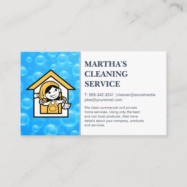 Cartoon Maid Cleaning | Blue Soap Bubbles Business Card (Front)