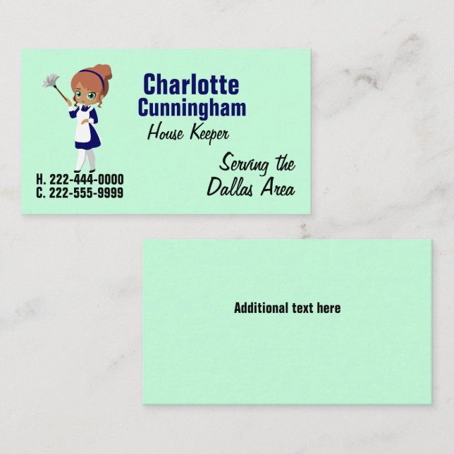 Cartoon Maid House Cleaning Business Card (Front/Back)