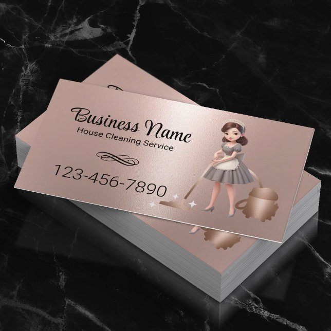Cartoon Maid House Cleaning Service Rose Gold Business Card (Creator Uploaded)