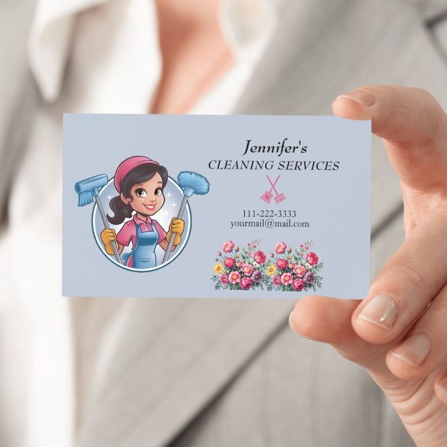 Cartoon Maid House Cleaning Services Business Card (Creator Uploaded)