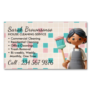 Cartoon Maid Janitorial Lady House Cleaning Magnetic Business Card