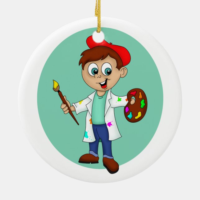 Cartoon Male Artist with a Brush and Palette Ceramic Ornament (Back)