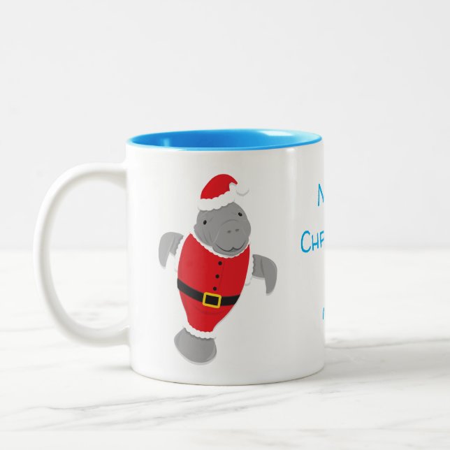 Cartoon Manatee Santa Merry Christmas Blue Name Two-Tone Coffee Mug (Left)