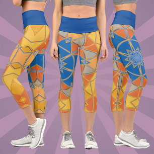 Cartoon Mandala Blue Orange and Yellow Capri Leggings