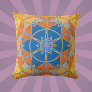 Cartoon Mandala Blue Orange and Yellow Cushion