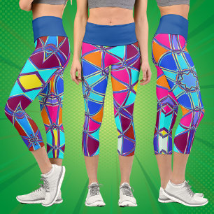 Cartoon Mandala Blue Pink Yellow and Orange Capri Leggings