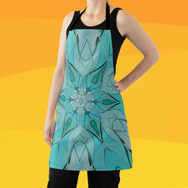 Cartoon Mandala Flower Blue and Green Apron (Creator Uploaded)