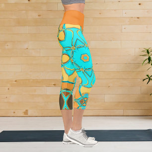 Cartoon Mandala Flower Blue and Orange Capri Leggings