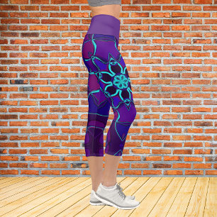 Cartoon Mandala Flower Blue and Purple Capri Leggings
