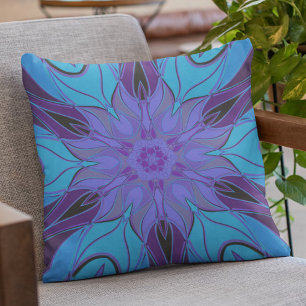 Cartoon Mandala Flower Blue and Purple Cushion