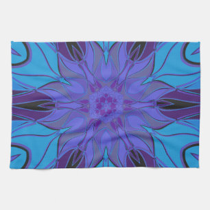 Cartoon Mandala Flower Blue and Purple Tea Towel
