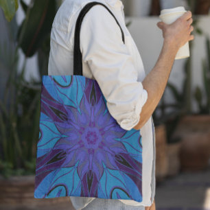 Cartoon Mandala Flower Blue and Purple Tote Bag