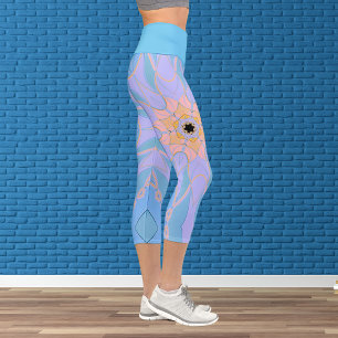Cartoon Mandala Flower Blue and Yellow Capri Leggings