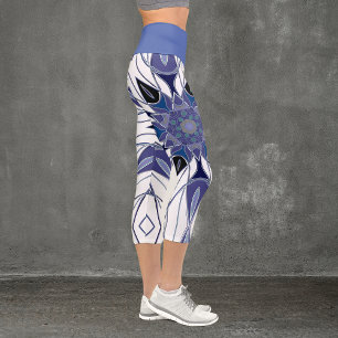 Cartoon Mandala Flower Blue Purple and White Capri Leggings