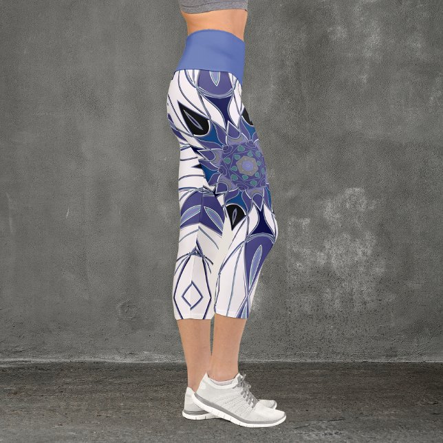 Cartoon Mandala Flower Blue Purple and White Capri Leggings (Creator Uploaded)