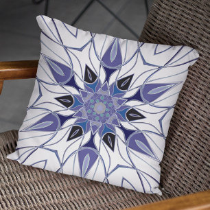 Cartoon Mandala Flower Blue Purple and White Cushion