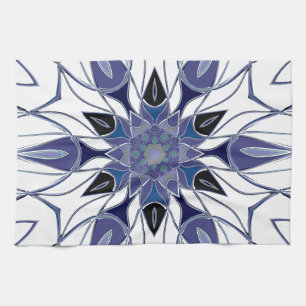 Cartoon Mandala Flower Blue Purple and White Tea Towel