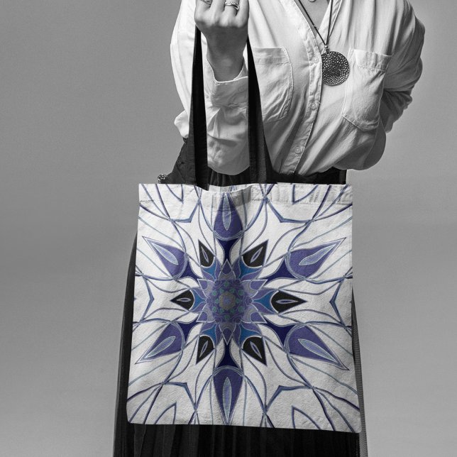 Cartoon Mandala Flower Blue Purple and White Tote Bag (Creator Uploaded)