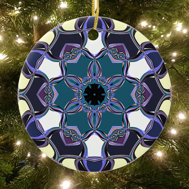 Cartoon Mandala Flower Blue Purple Black and White Ceramic Ornament (Creator Uploaded)