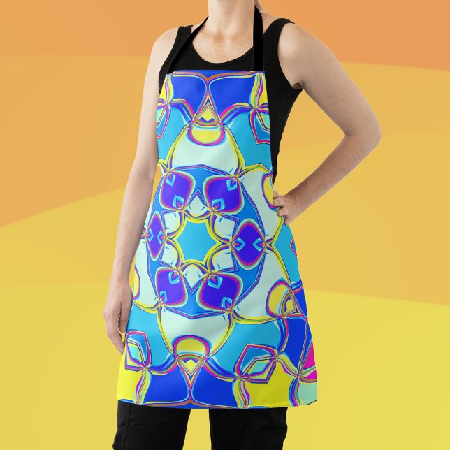 Cartoon Mandala Flower Blue Yellow and Pink Apron (Creator Uploaded)