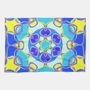 Cartoon Mandala Flower Blue Yellow and Pink Tea Towel