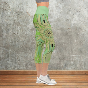 Cartoon Mandala Flower Green and Blue Capri Leggings
