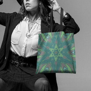 Cartoon Mandala Flower Green and Blue Tote Bag