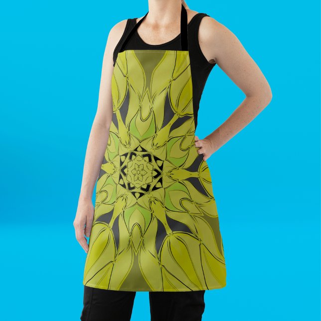 Cartoon Mandala Flower Green Apron (Creator Uploaded)