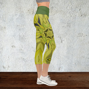 Cartoon Mandala Flower Green Capri Leggings