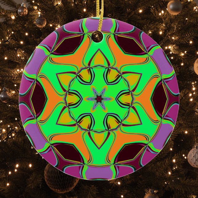 Cartoon Mandala Flower Green Orange and Purple Ceramic Ornament (Creator Uploaded)