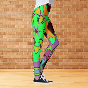 Cartoon Mandala Flower Green Orange and Purple Leggings