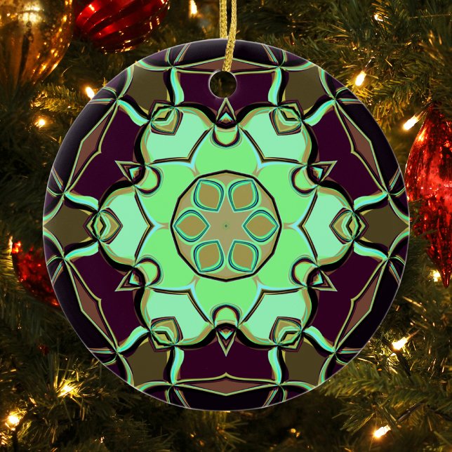 Cartoon Mandala Flower Green Purple and Black Ceramic Ornament (Creator Uploaded)