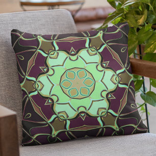 Cartoon Mandala Flower Green Purple and Black Cushion