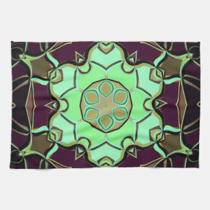 Cartoon Mandala Flower Green Purple and Black Tea Towel