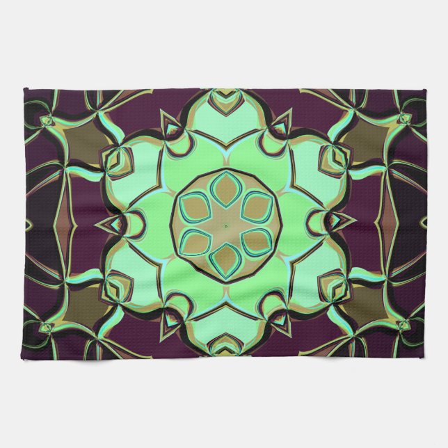 Cartoon Mandala Flower Green Purple and Black Tea Towel (Horizontal)