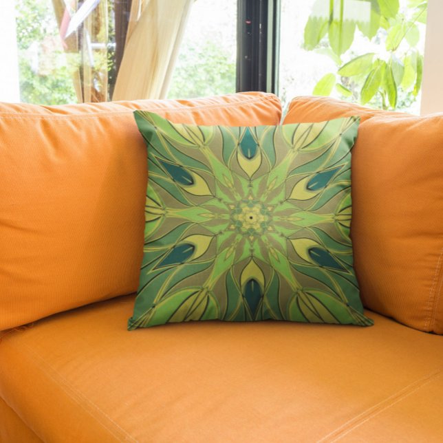 Cartoon Mandala Flower Green Yellow and Blue Cushion (Creator Uploaded)
